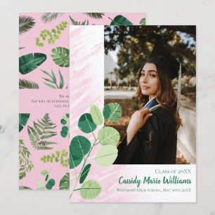 Green Botanical Elegant Pink Graduation Invitation