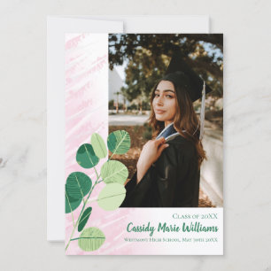Green Botanical Elegant Pink Graduation Invitation