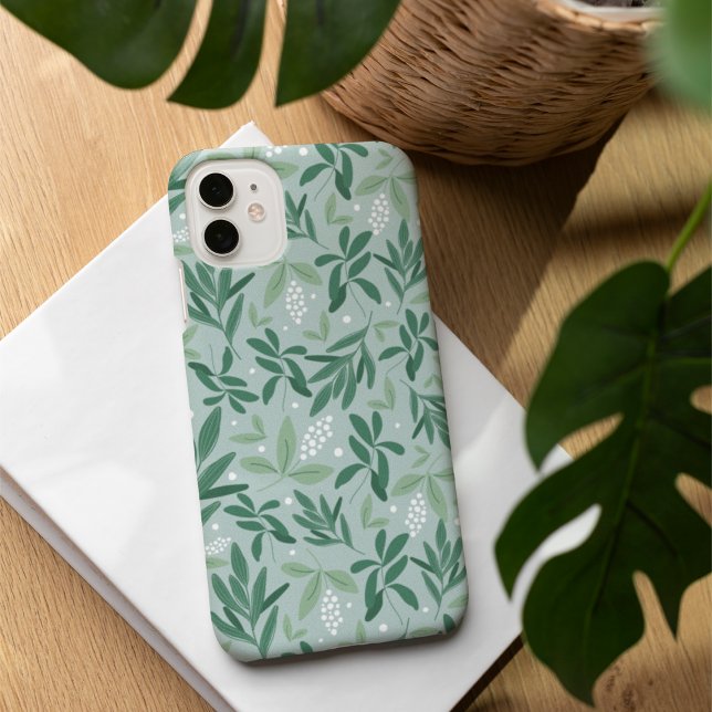 Green Botanical Fern Foliage & White Berry Pattern iPhone 16 Case (Creator Uploaded)