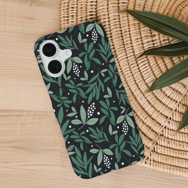 Green Botanical Fern Foliage & White Berry Pattern iPhone 16 Case (Creator Uploaded)