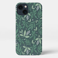 Green Botanical Fern Foliage & White Berry Pattern