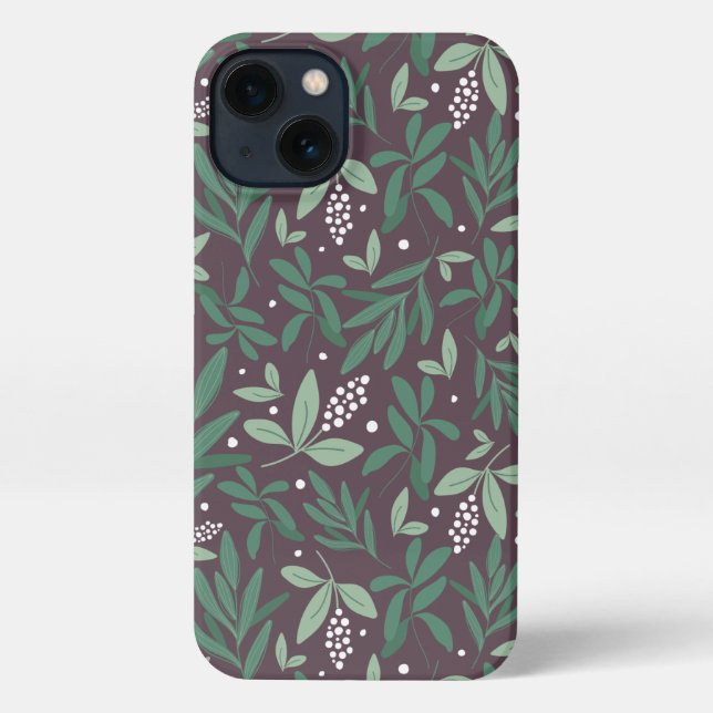 Green Botanical Fern Foliage & White Berry Pattern iPhone Case (Back)