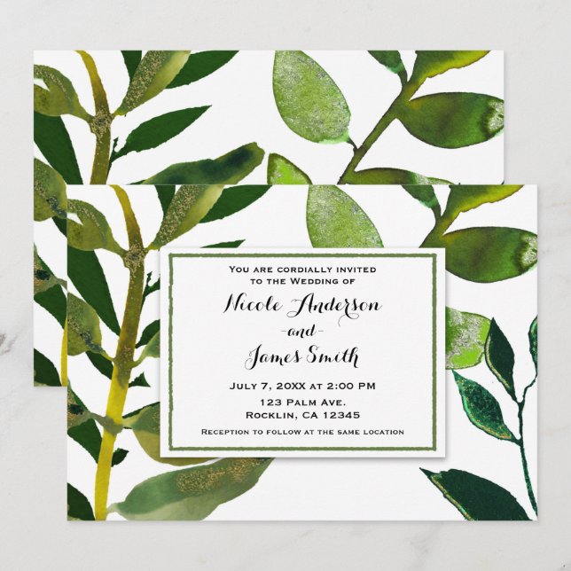 Green Botanical Glam Plant Leaves Elegant Wedding Invitation (Front/Back)
