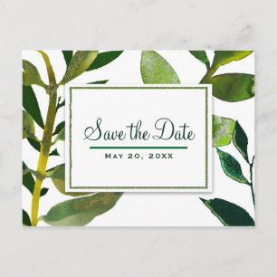 Green Botanical Glam Plant Leaves Save the Date Announcement Postcard