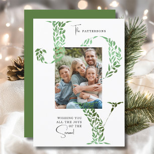 Green Botanical Joy Family Christmas Photo Holiday Card