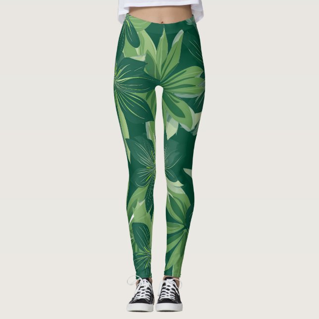 Green Botanical Leaf All-Over-Print Leggings (Front)