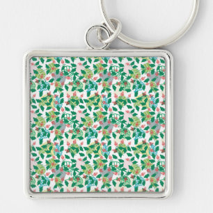 Green Botanical Leaf Pattern with Red Flowers Key Ring