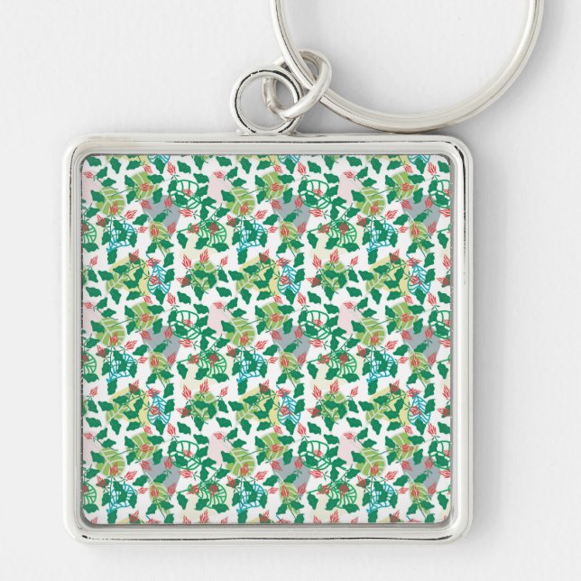 Green Botanical Leaf Pattern with Red Flowers Key Ring (Front)