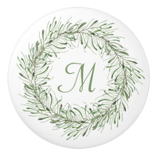 Green Botanical Leaf Wreath Monogram Ceramic Knob