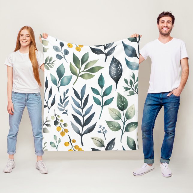 Green Botanical Leaves Fleece Blanket (In Situ)