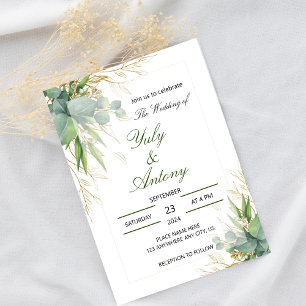 Green Botanical Leaves Modern Wedding Invitation 