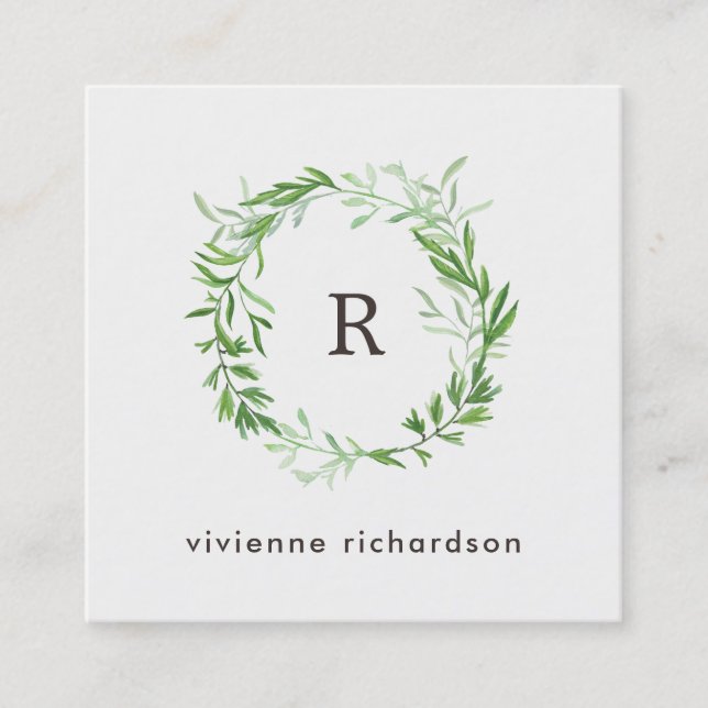 Green Botanical Leaves Wreath and Monogram Square Business Card (Front)
