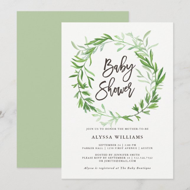 Green Botanical Leaves Wreath Baby Shower Invitation (Front/Back)