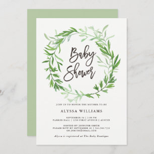 Green Botanical Leaves Wreath Baby Shower Invitation