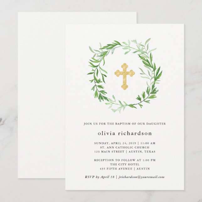 Green Botanical Leaves Wreath Baptism Invitation (Front/Back)