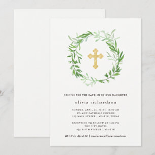Green Botanical Leaves Wreath Baptism Invitation