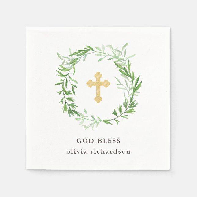 Green Botanical Leaves Wreath Baptism Napkin (Front)
