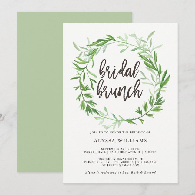 Green Botanical Leaves Wreath Bridal Brunch Invitation (Front/Back)