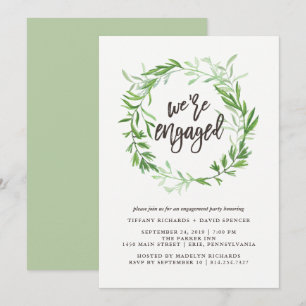 Green Botanical Leaves Wreath Engagement Party Invitation