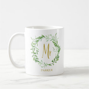 Green Botanical Leaves Wreath   Faux Gold Mr Coffee Mug