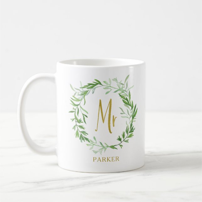Green Botanical Leaves Wreath | Faux Gold Mr Coffee Mug (Left)