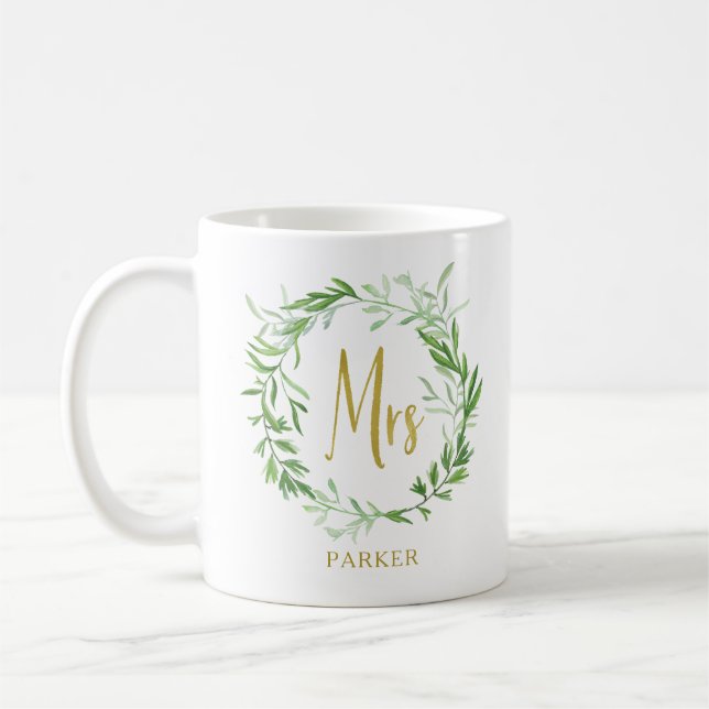 Green Botanical Leaves Wreath | Faux Gold Mrs Coffee Mug (Left)