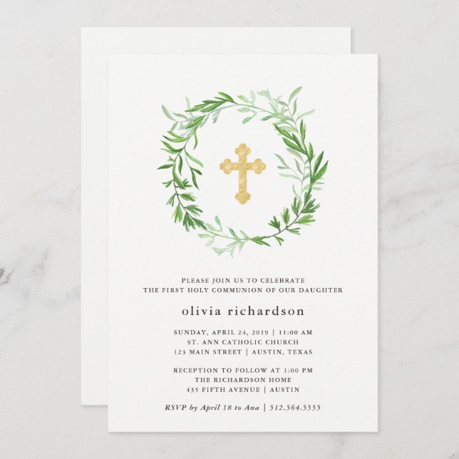 Green Botanical Leaves Wreath First Holy Communion Invitation (Front/Back)