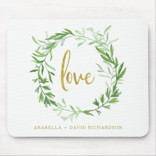 Green Botanical Leaves Wreath   Love Mouse Mat