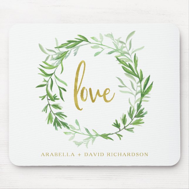 Green Botanical Leaves Wreath | Love Mouse Mat (Front)