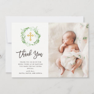 Green Botanical Leaves Wreath Photo Baptism Thank You Card
