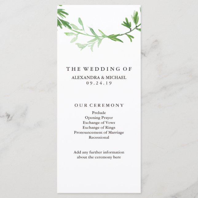 Green Botanical Leaves Wreath Wedding Program Programme (Front)