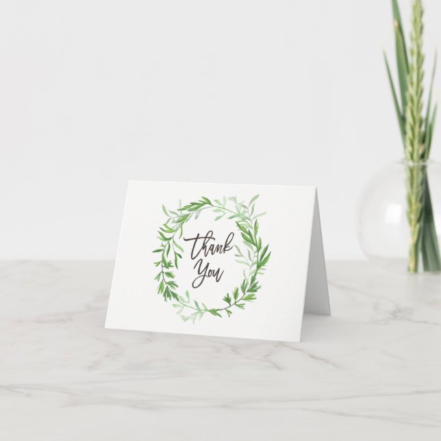 Green Botanical Leaves Wreath Wedding Thank You Card (Front)