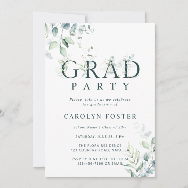 Green Botanical Letter Graduation Party Photo Invitation (Front)