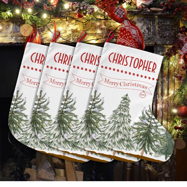 Green Botanical Merry Christmas Personalised Name Large Christmas Stocking (Creator Uploaded)