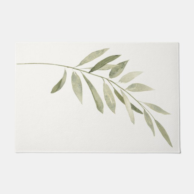 Green Botanical Modern Boho Sage Watercolor Leaves Doormat (Front)