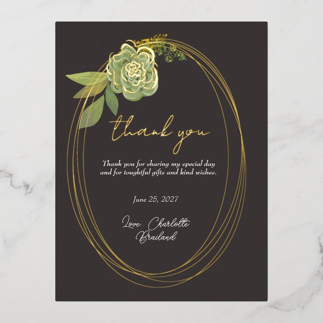 Green Botanical Modern Floral Thank You   Foil Invitation Postcard (Front)