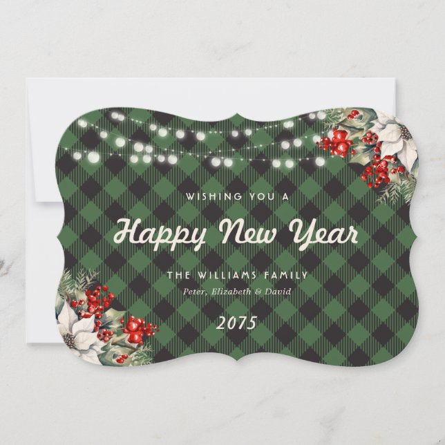 Green Botanical String Lights Plaid New Year Card (Front)