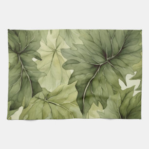 Green Botanical Watercolor Leaves  Tea Towel