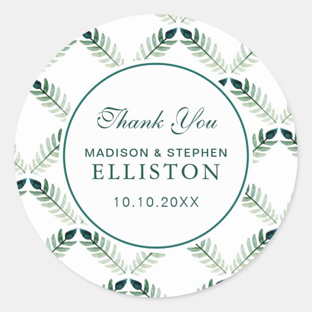 Green Botanical Watercolor Pattern | Thank You Classic Round Sticker (Front)