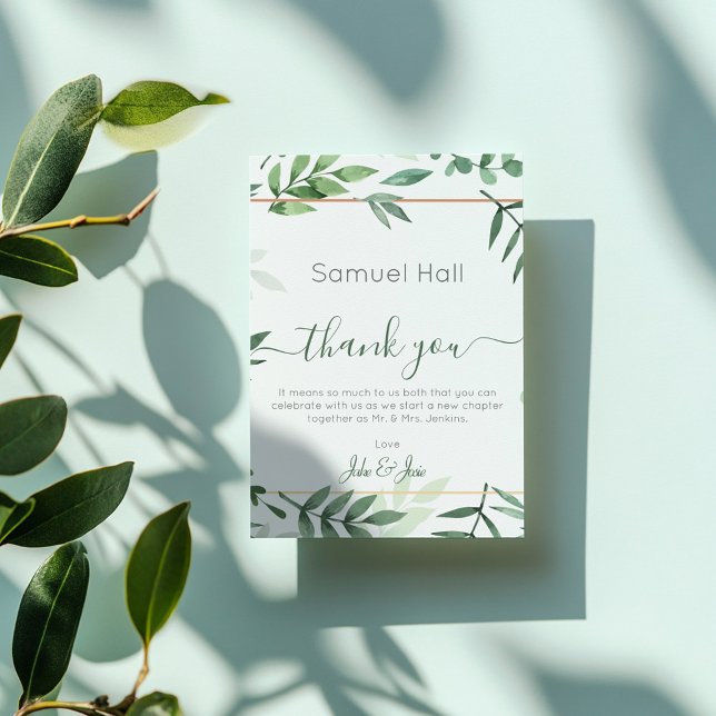 Green Botanical Wedding Thank You Table Card (Wedding photo, green leaves wedding thank you card)