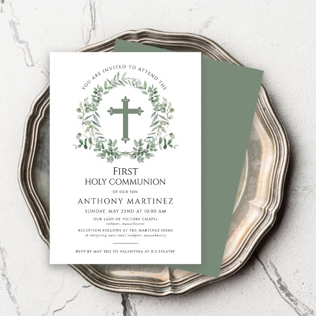 Green Botanical Wreath Boy's First Holy Communion  Invitation (Creator Uploaded)