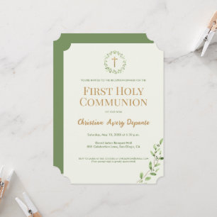 Green Botanical Wreath gold cross First communion  Invitation