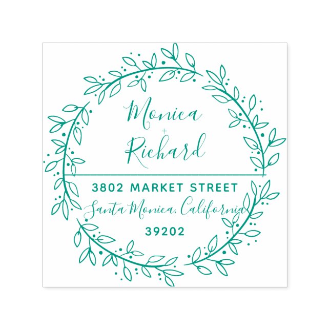 Green Botanical Wreath Wedding Return Address Self-inking Stamp (Design)