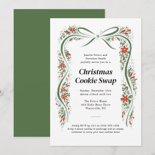 Green Bow and Poinsettias Christmas Holiday Invitation
