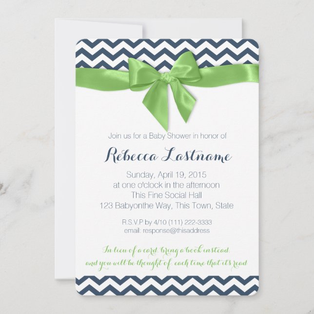 Green Bow and Zigzag Baby Shower Invitation (Front)