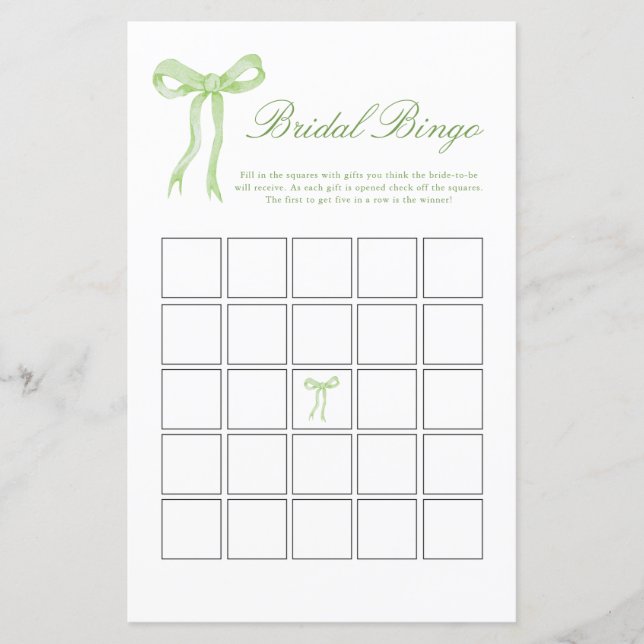 Green Bow Bridal Bingo Bridal Shower Game (Front)