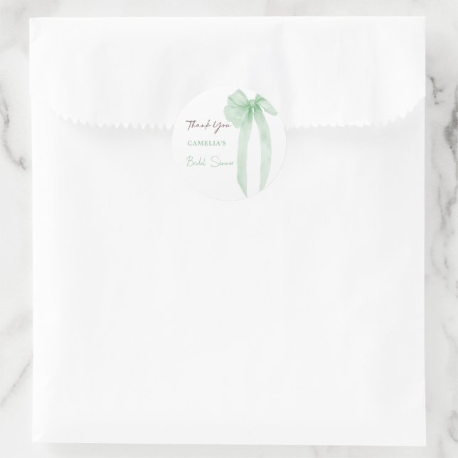 Green Bow Bridal Shower Thank You Classic Round Sticker (Bag)