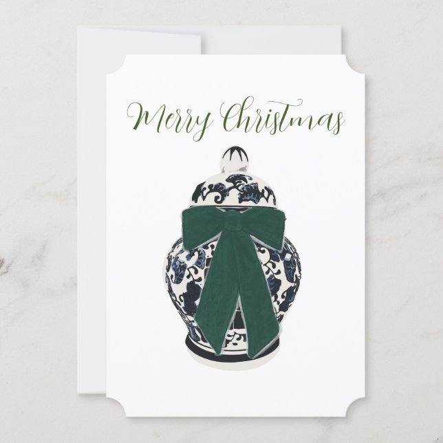 Green Bow Chinoiserie Vase Flat Holiday Card (Front)