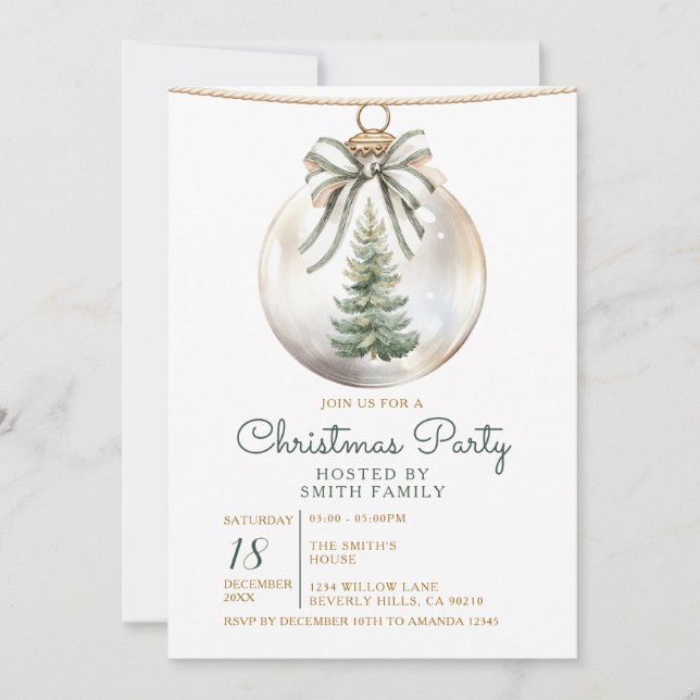 Green Bow Christmas Party Ornament Holiday Floral Invitation (Front)