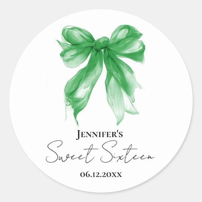 Green Bow Coquette Script Sweet 16 Party  Classic Round Sticker (Front)